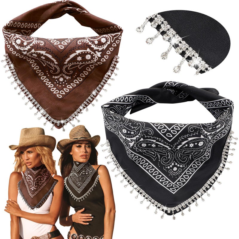 Vabean 2 Pcs Rhinestone Bandana Disco Fringed Paisley Glitter Bandanas for Women Cowgirl Bachelorette Tassel Kerchief(Black and Brown) - Image 1
