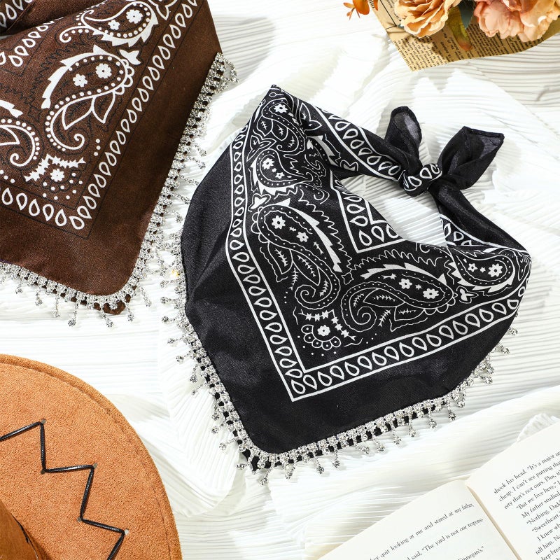 Vabean 2 Pcs Rhinestone Bandana Disco Fringed Paisley Glitter Bandanas for Women Cowgirl Bachelorette Tassel Kerchief(Black and Brown) - Image 4