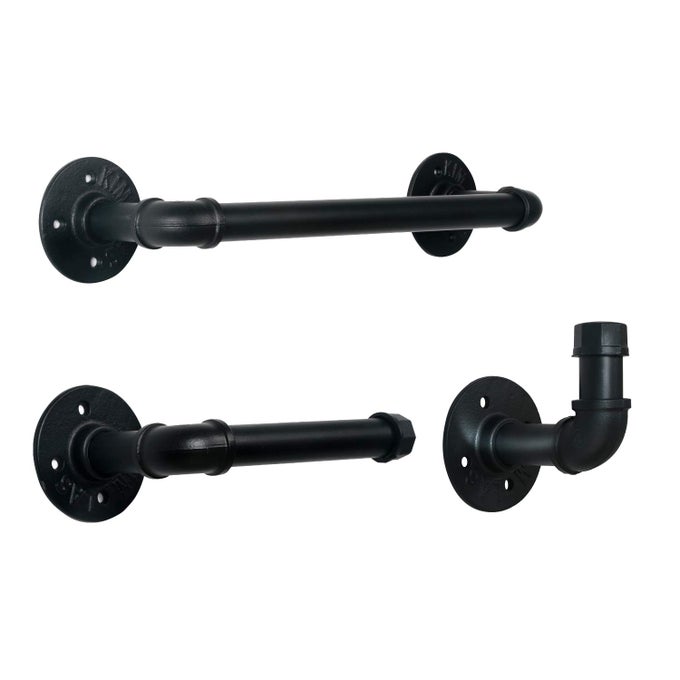 3PIECES INDUSTRIAL PIPE TOWEL HOLDER SET RUSTIC STEEL TOWEL RACK KIT FARMHOUSE VINTAGE STYLE TOWEL BAR ACCESSORIES FOR BATHROOM WALL MOUNTED MATTE BLACK