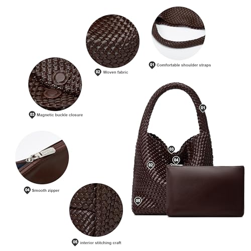 Sumrains Woven Bags for Women Tote Purse: Vegan Leather Shoulder Handbags - Medium Beach Tote Bags - Handwoven Satchel Underarm Purse for Holidays (Coffee Color) - Image 4