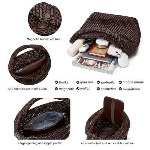 Sumrains Woven Bags for Women Tote Purse: Vegan Leather Shoulder Handbags - Medium Beach Tote Bags - Handwoven Satchel Underarm Purse for Holidays (Coffee Color) - Image 3