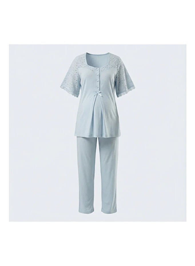 Lady Lingerie 2-Piece Maternity & Nursing Pajama Set | Short Sleeve Button-Front Top & Adjustable Waist Pants | Soft Cotton Viscose Blend | Made in Turkey - Image 4