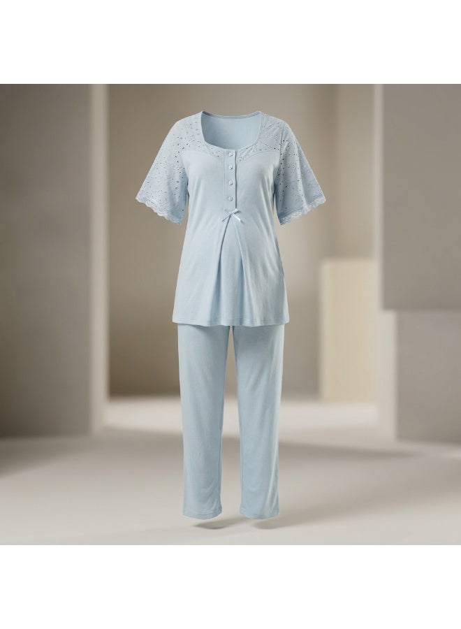 Lady Lingerie 2-Piece Maternity & Nursing Pajama Set | Short Sleeve Button-Front Top & Adjustable Waist Pants | Soft Cotton Viscose Blend | Made in Turkey - Image 2