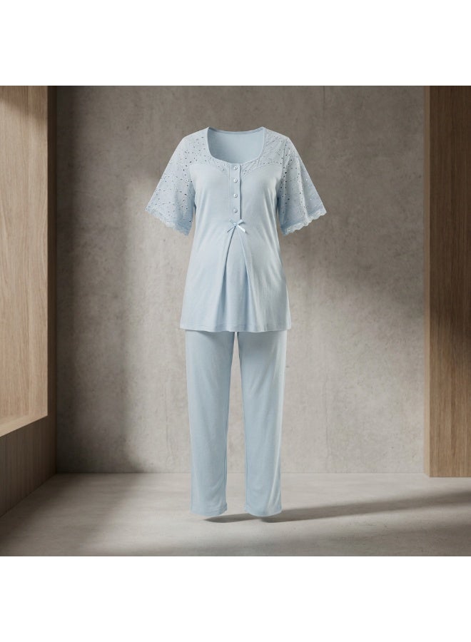 Lady Lingerie 2-Piece Maternity & Nursing Pajama Set | Short Sleeve Button-Front Top & Adjustable Waist Pants | Soft Cotton Viscose Blend | Made in Turkey - Image 3