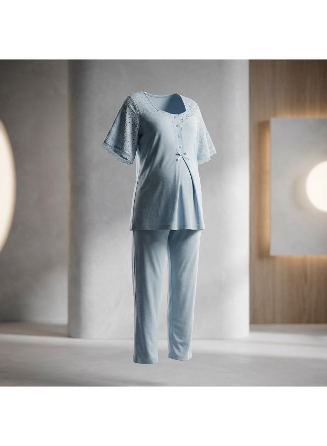 Lady Lingerie 2-Piece Maternity & Nursing Pajama Set | Short Sleeve Button-Front Top & Adjustable Waist Pants | Soft Cotton Viscose Blend | Made in Turkey - Image 1