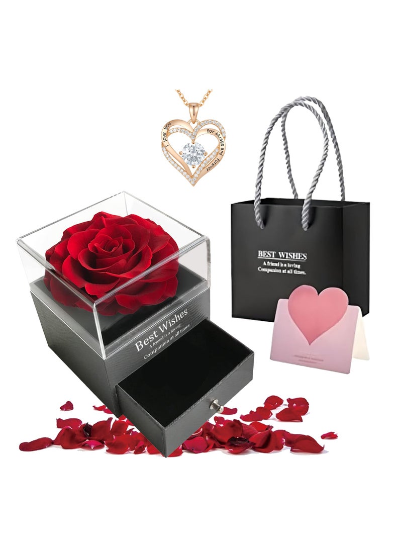 Adando Adando Eternal Rose with Gift Box Cute Eternal Red Rose Set with I Love You Necklace Handmade Preserved Rose Jewelry Box for Mom/Wife/Girlfriend A Romantic Gift for Her  - Image 1