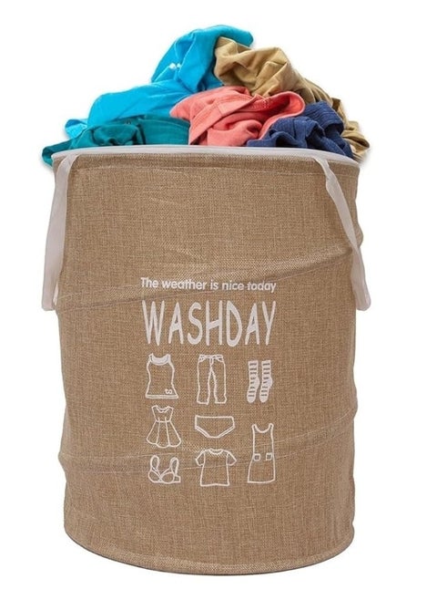 Round Fabric Laundry Basket, Foldable Waterproof Storage Basket with Zippered Lid Perfect for Clothes, Toys and Space Organization 40 x 49 cm- Beige