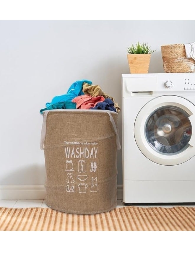 Round Fabric Laundry Basket, Foldable Waterproof Storage Basket with Zippered Lid Perfect for Clothes, Toys and Space Organization 40 x 49 cm- Beige
