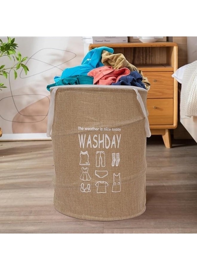 Round Fabric Laundry Basket, Foldable Waterproof Storage Basket with Zippered Lid Perfect for Clothes, Toys and Space Organization 40 x 49 cm- Beige