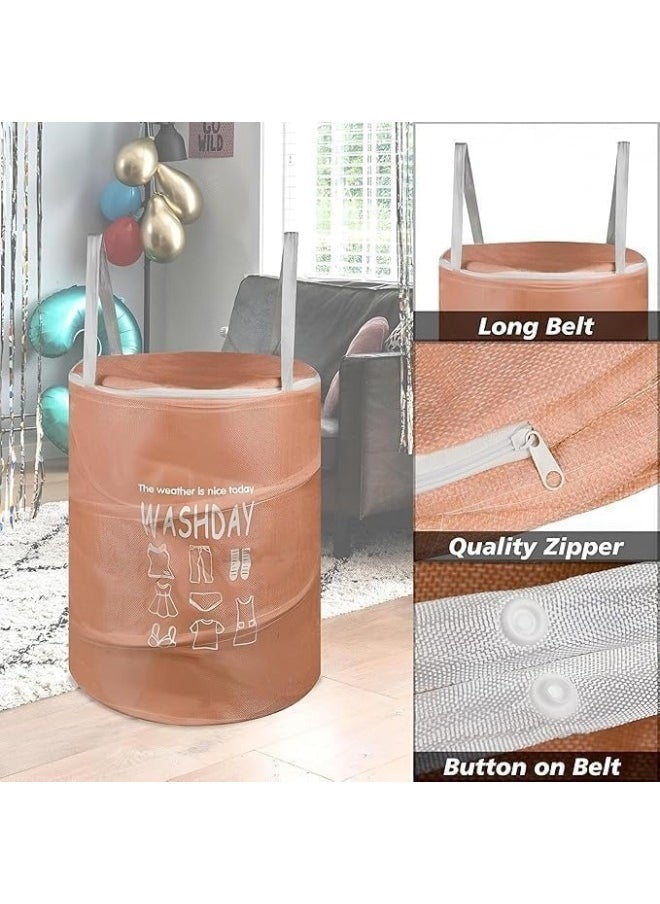 Round Fabric Laundry Basket, Foldable Waterproof Storage Basket with Zippered Lid Perfect for Clothes, Toys and Space Organization 40 x 49 cm- Beige