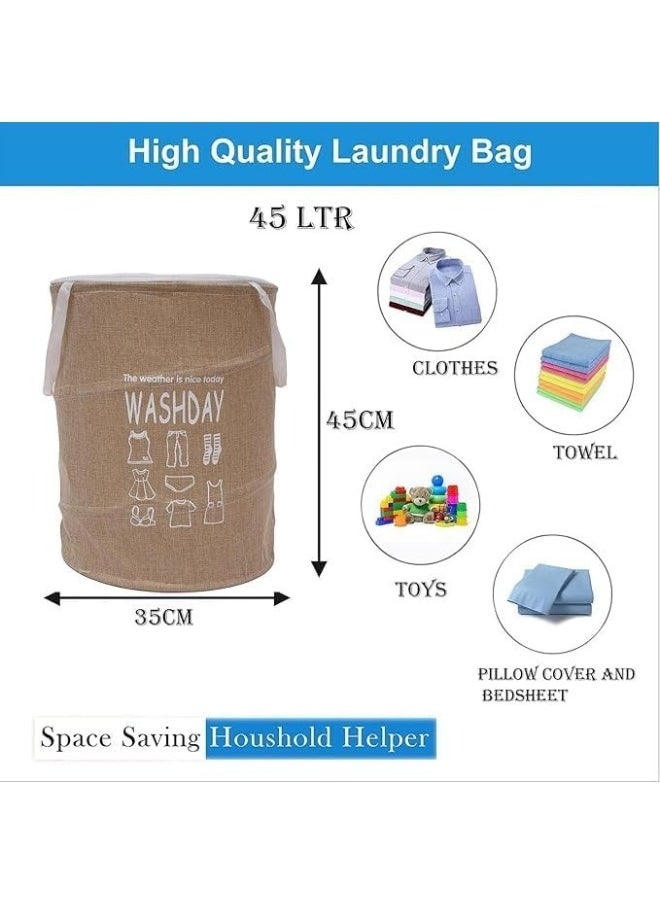 Round Fabric Laundry Basket, Foldable Waterproof Storage Basket with Zippered Lid Perfect for Clothes, Toys and Space Organization 40 x 49 cm- Beige