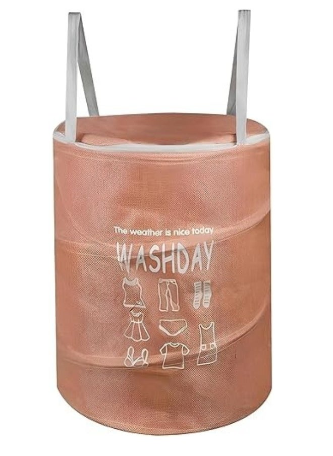 Round Fabric Laundry Basket, Foldable Waterproof Storage Basket with Zippered Lid Perfect for Clothes, Toys and Space Organization 40 x 49 cm- Beige