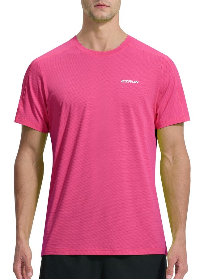 EZRUN Men's Lightweight Short Sleeve T-Shirt Quick Dry Workout Running Athletic Swim Shirts Fishing Rash Guard (Neon Pink,3XL) - Image 1