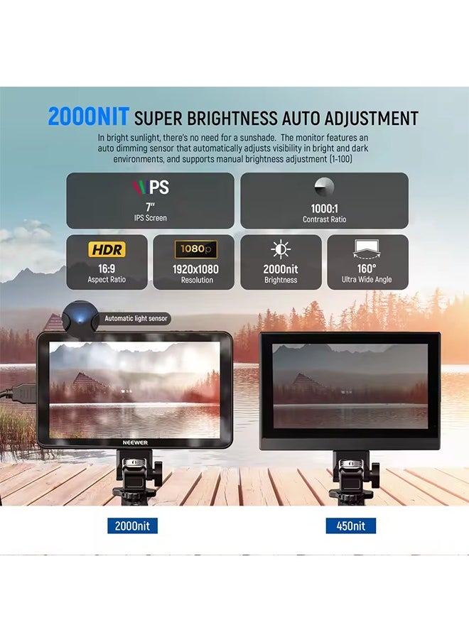 Neewer - NEEWER F700 7" Camera Field Monitor, 2000nit HD 1920x1080 IPS Touch Screen with 3D LUT, 4K HDMI Loop in/Out with Peak Focus - Image 1