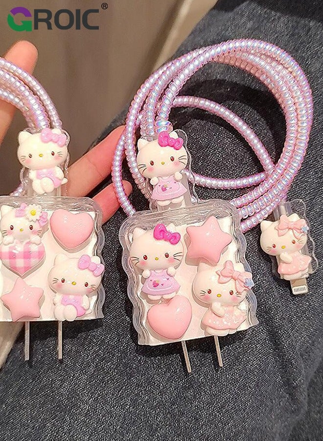 5 Pcs Cute Hello Kitty Charger Case, Cable Protector for iPhone Charger, Data Line USB Case Wire Cable Saver Phone Charger Protector for Women Girls