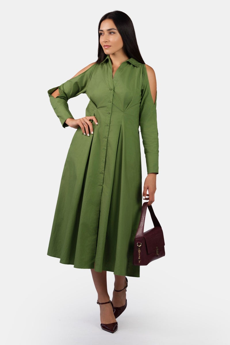 Virgio Solid Cotton Cold Shoulder Midi Shirt Dress for Women - Image 1