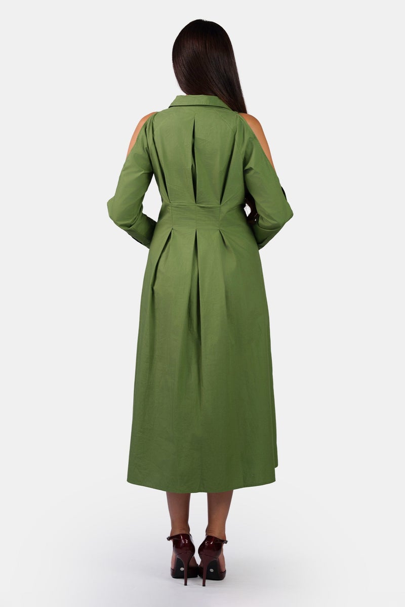 Virgio Solid Cotton Cold Shoulder Midi Shirt Dress for Women - Image 4