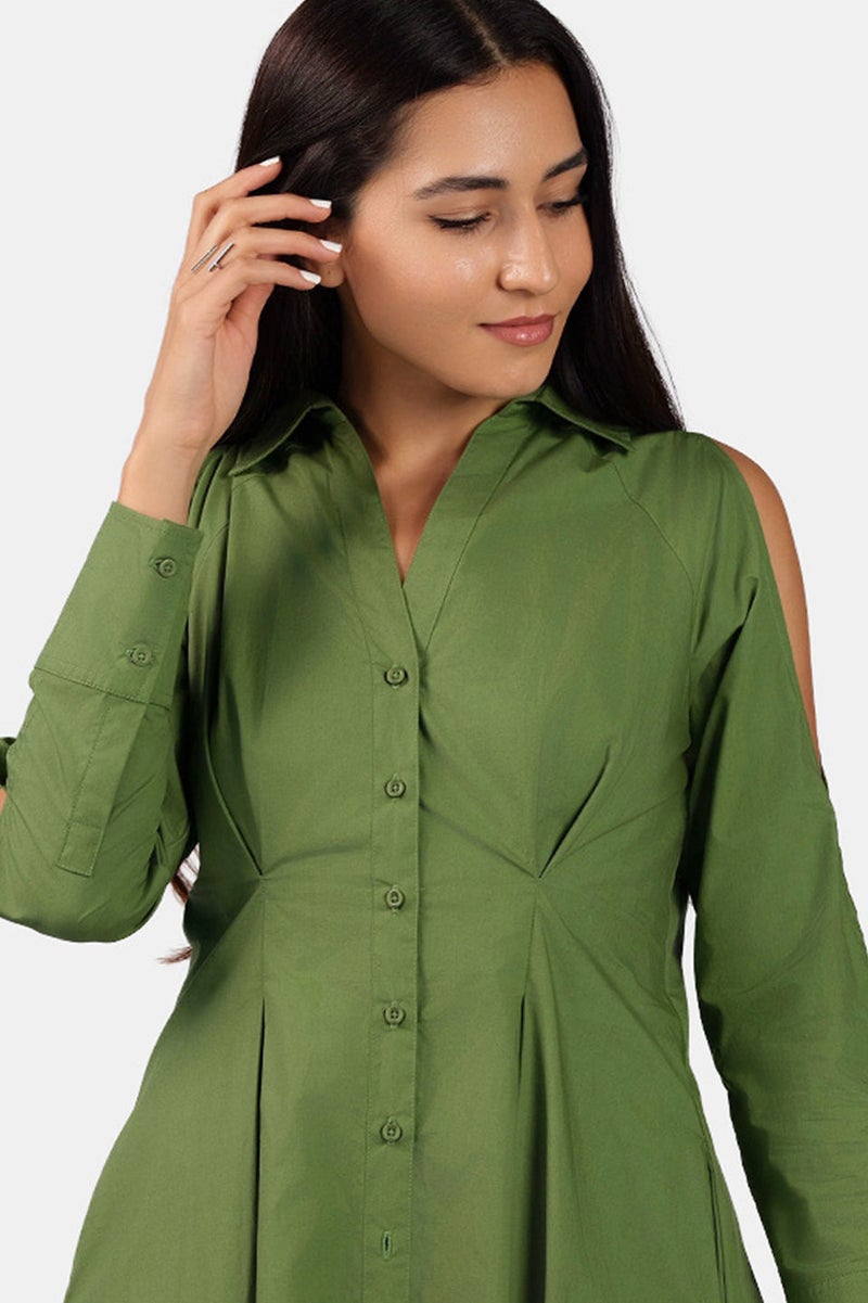 Virgio Solid Cotton Cold Shoulder Midi Shirt Dress for Women - Image 5