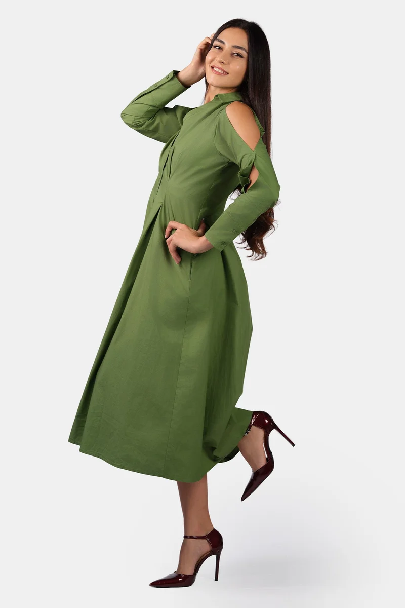 فيرجيو Solid Cotton Cold Shoulder Midi Shirt Dress for Women