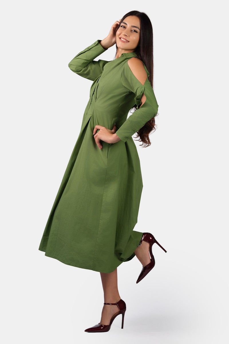 Virgio Solid Cotton Cold Shoulder Midi Shirt Dress for Women - Image 2