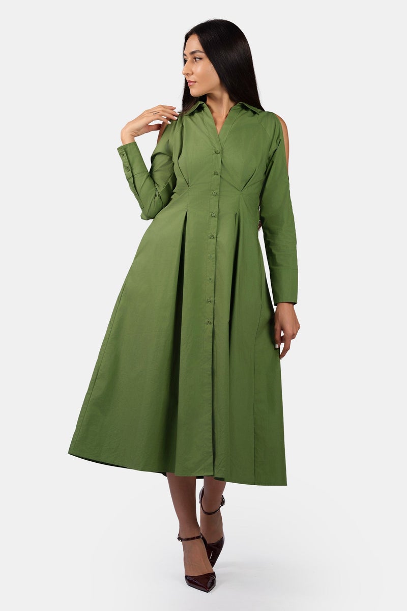 Virgio Solid Cotton Cold Shoulder Midi Shirt Dress for Women - Image 3
