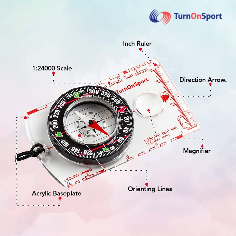 TurnOnSport Orienteering Compass Hiking Backpacking Compass | Advanced Scout Compass Camping Navigation - Boy Scout Compass for Kids | Professional Field Compass for Map Reading - Best TurnOnSport Survival Gifts - Image 3