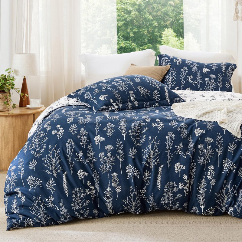 Bedsure King Comforter Set  Navy Bed Set 3 Pieces Cute Floral Bedding 1 Soft Reversible Botanical Flowers Comforter and 2 Pillow Shams