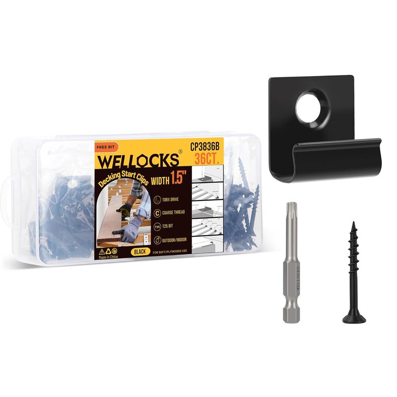 WELLOCKS Start Clips 1.5" Width Black 36 Pack with Deck Screws T25 Bit Universal Starter Clips for 400 SQ. FT. of Decking Board Hidden Clip Fastener (36PCS Black) - Image 1