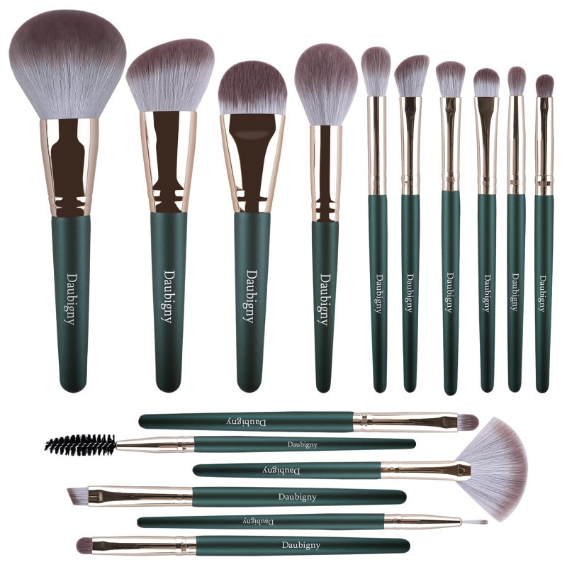 Daubigny Makeup Brushes Daubigny 16Pcs Complete Green Premium Synthetic Makeup Brush Set with Professional Foundation Brushes Powder Concealers Eye shadows Blush Makeup Brush for Perfect Makeup