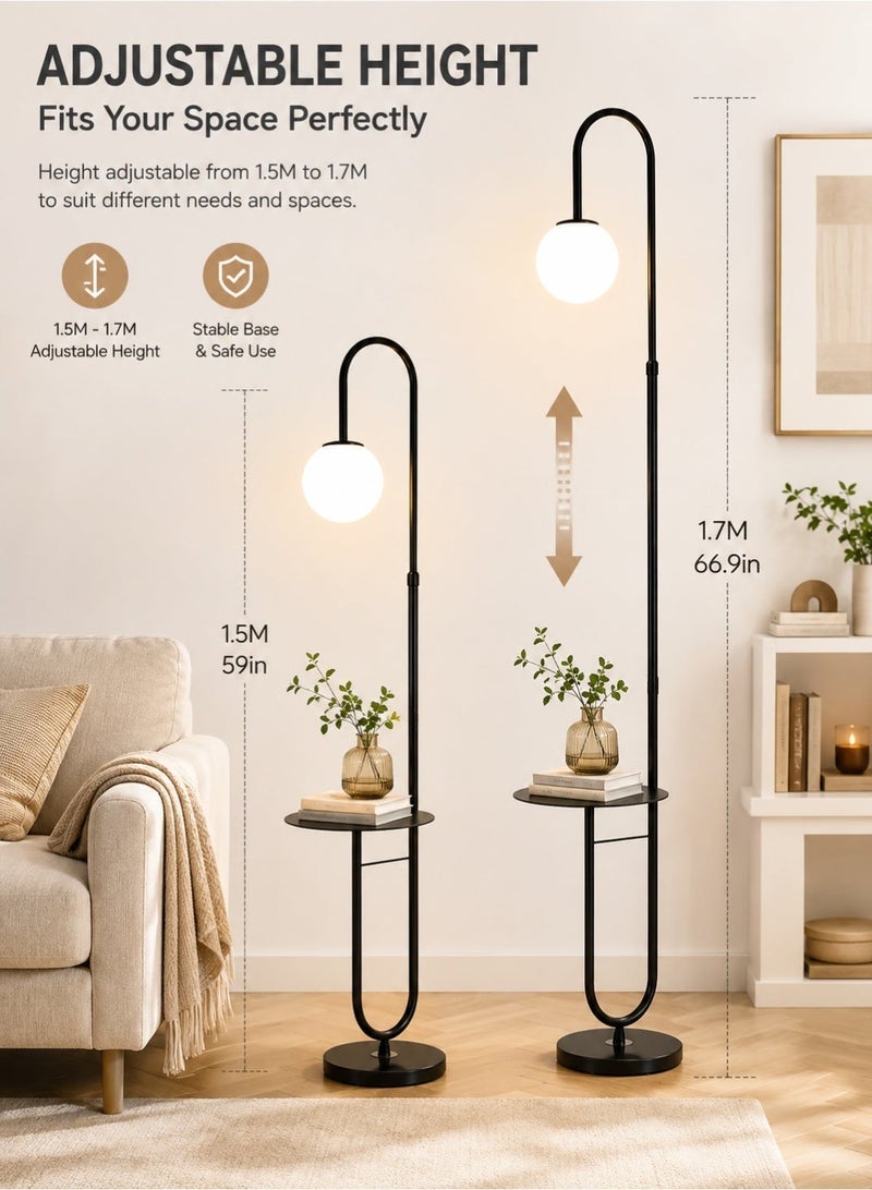 Glanfen Floor Lamp with Adjustable Height 1.5-1.7M, Modern LED Standing Lamp with Side Table, 20cm Globe Light, Flicker-Free Lighting for Bedroom Living Room Hotel Office - Image 2
