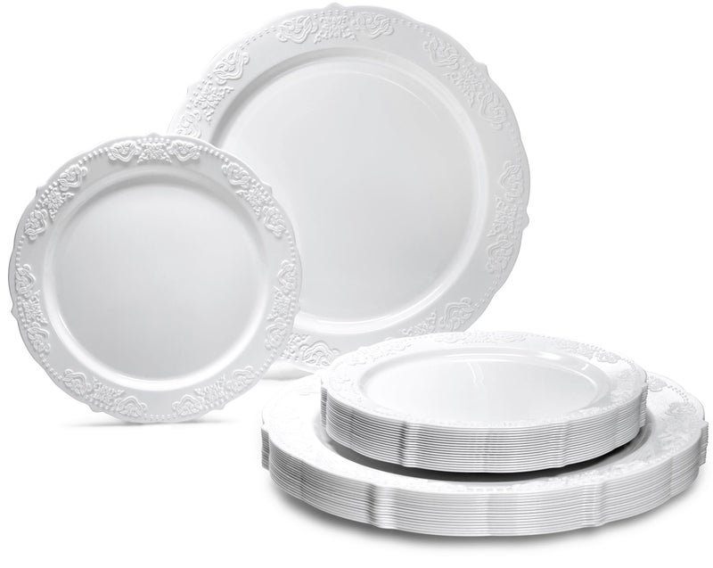 OCCASIONS FINEST PLASTIC TABLEWARE OCCASIONS  240 Plates Pack120 Guests Vintage Wedding Party Disposable Plastic Plates Set120x1025 Dinner 120x75 SaladDessert Plate Portofino Plain White 
