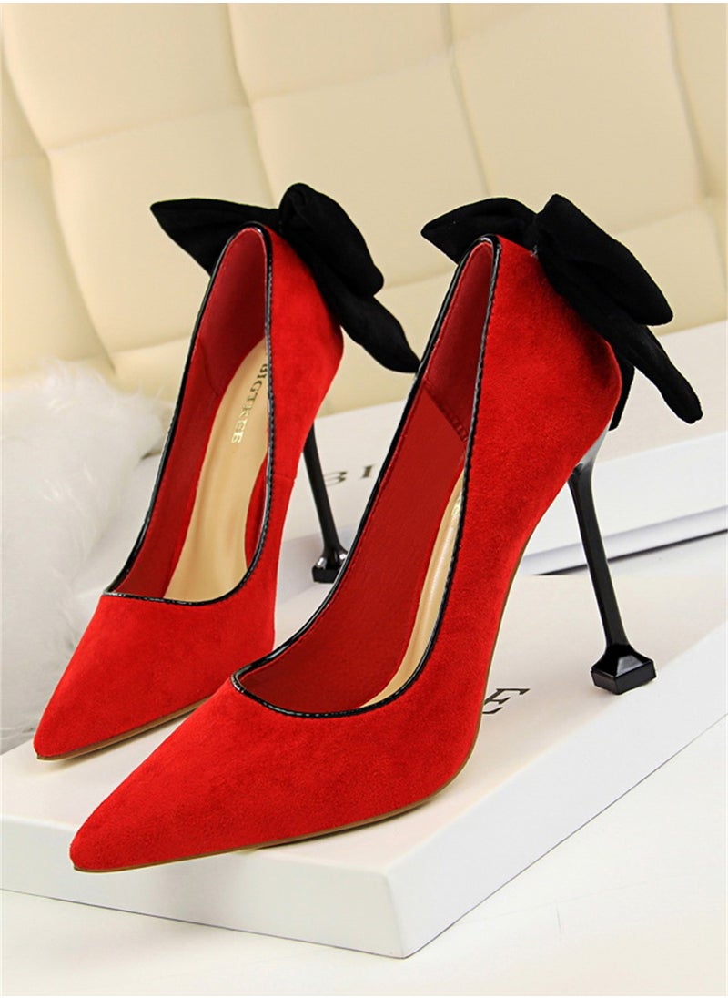 BIGTREE 9.5cm Thin High Heels Women's Shoes Fine Heel Suede Shallow Mouth Pointed Bow Single Shoes Red  - Image 1
