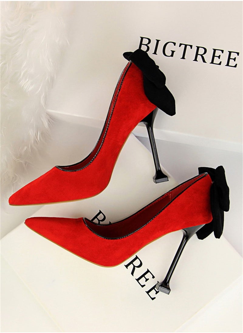 BIGTREE 9.5cm Thin High Heels Women's Shoes Fine Heel Suede Shallow Mouth Pointed Bow Single Shoes Red  - Image 2
