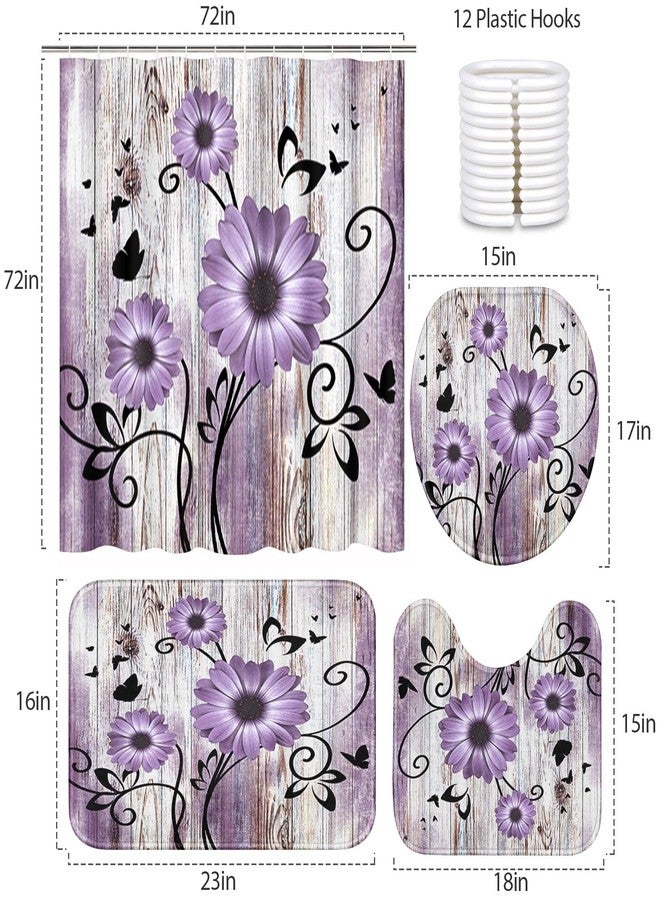 Bribay 4 Piece Shower Curtain Sets, Purple Daisies Flowers Worn Wood with Non-Slip Rugs, Toilet Lid Cover and Bath Mat, for Bathroom Decor Set, 72" x 72" - Image 2