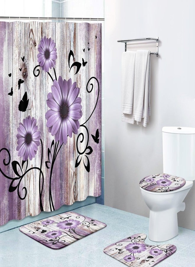 Bribay 4 Piece Shower Curtain Sets, Purple Daisies Flowers Worn Wood with Non-Slip Rugs, Toilet Lid Cover and Bath Mat, for Bathroom Decor Set, 72" x 72" - Image 1