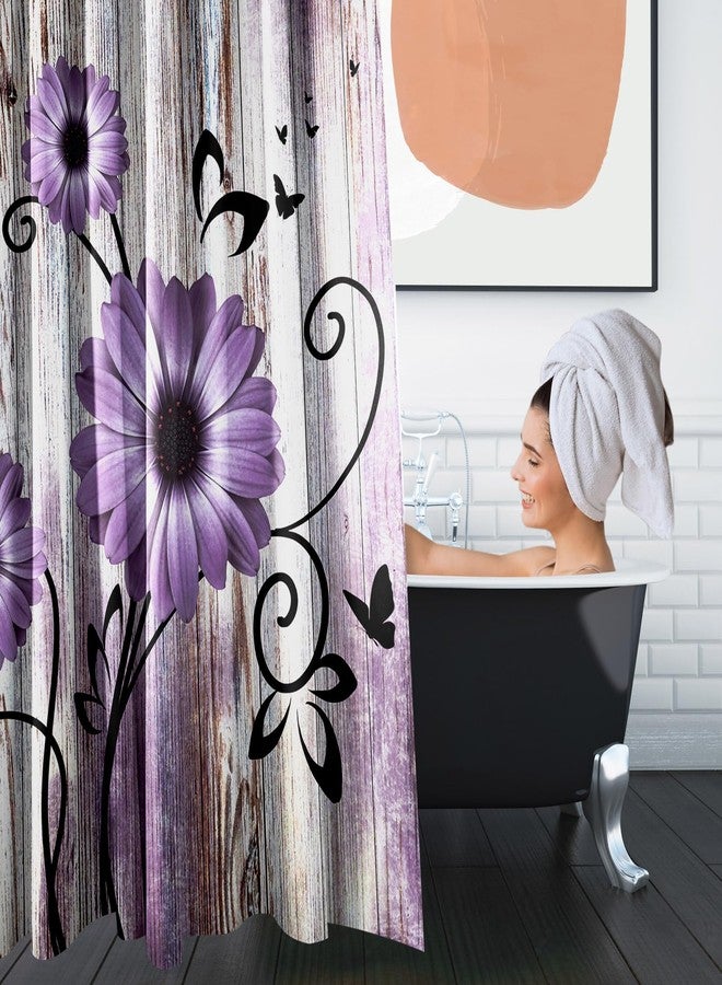 Bribay 4 Piece Shower Curtain Sets, Purple Daisies Flowers Worn Wood with Non-Slip Rugs, Toilet Lid Cover and Bath Mat, for Bathroom Decor Set, 72" x 72" - Image 4