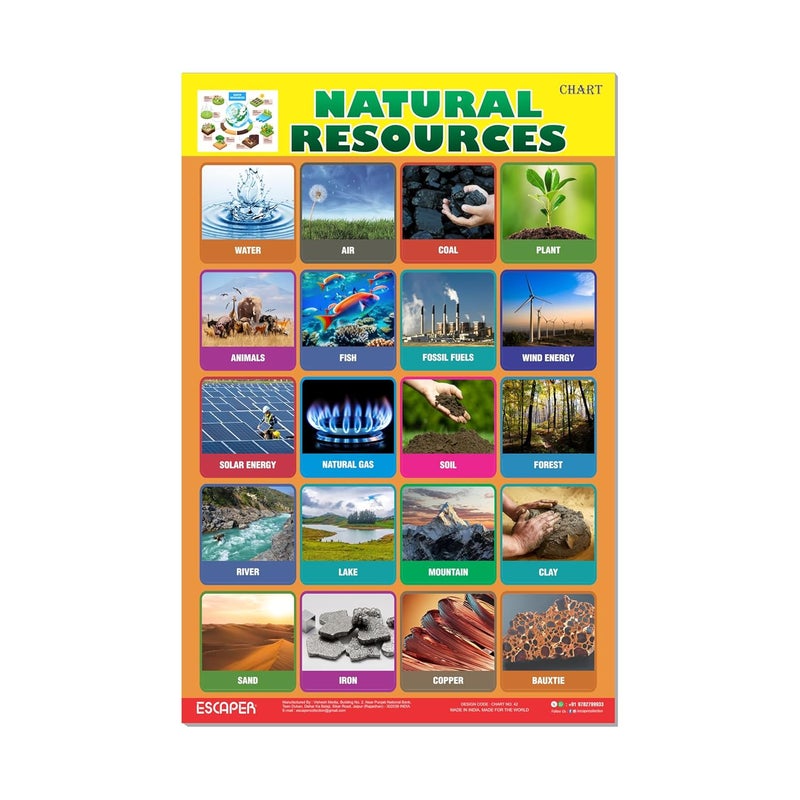 ESCAPER Natural Resources Educational Charts for Kids, (11.5 x 17.5 inches) Printed On 300 GSM, Laminated, Self Adhesive Back, Kids Study Material, Learning Chart, Educational Posters - Image 1