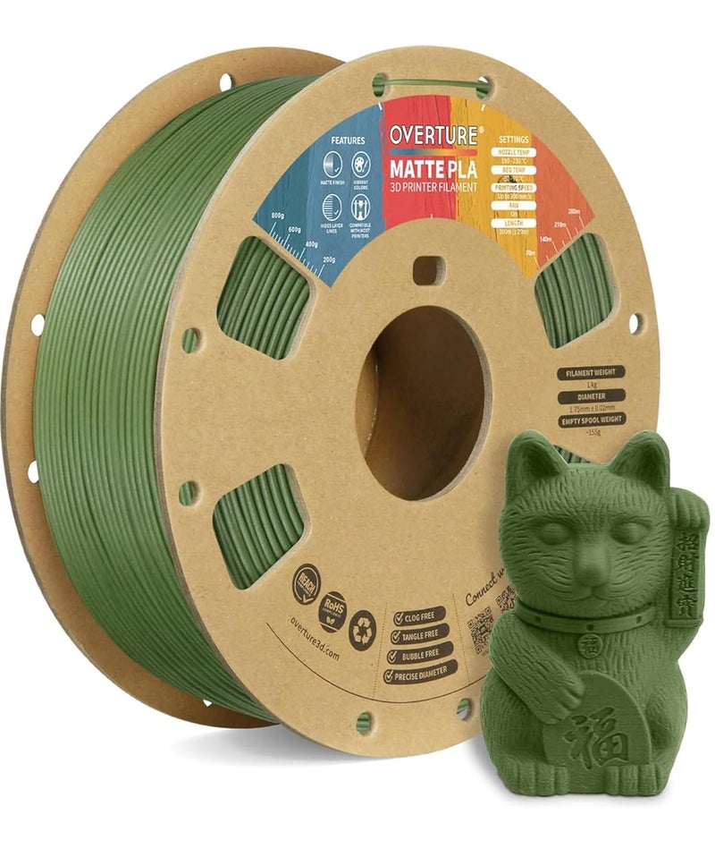 OVERTURE Matte PLA 3D Printer Filament 1.75mm, Matt Surface & Low Warping Filament 1kg Spool (2.2 lbs), Accuracy +/- 0.02 mm, Fit Most FDM Printers (Matte Army Green) - Image 1