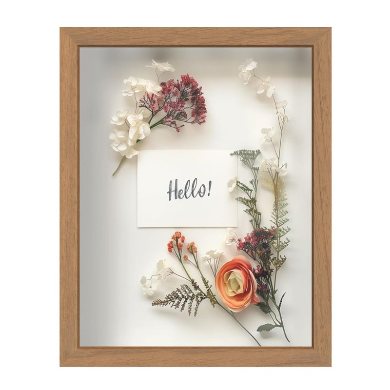 FrameWorks 11 x 14 Golden Oak Wooden Shadow Box Frame  Display Case with Soft Felt Back Memory Box with Tempered Glass Display Box with Elegant White Ball Push Pins Wooden Flower Box