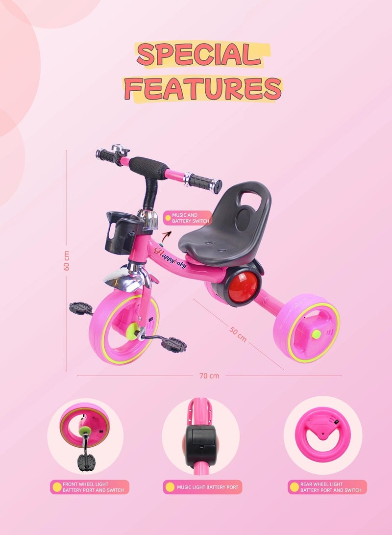 EASY FUTURE Children’s Baby Cycle Tricycle Ride-On Toy with LED Lights, Music & Storage Basket (Red/Blue/Pink) - Image 2