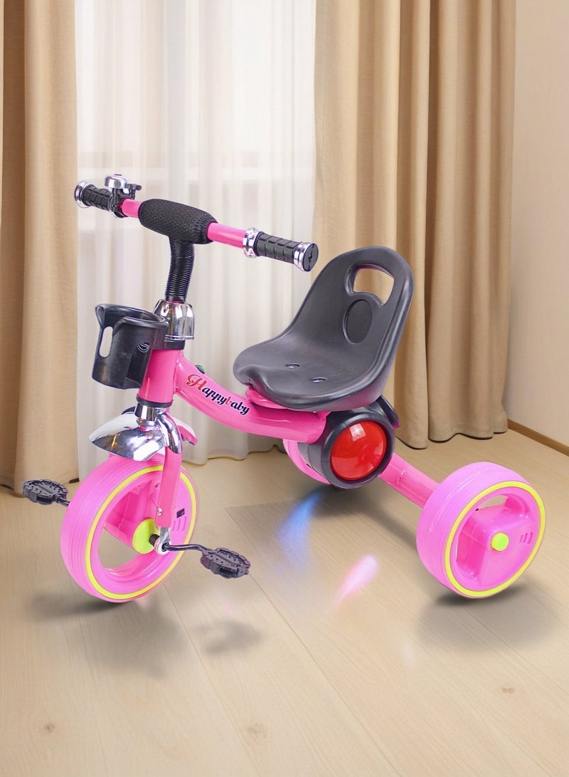 EASY FUTURE Children’s Baby Cycle Tricycle Ride-On Toy with LED Lights, Music & Storage Basket (Red/Blue/Pink) - Image 1