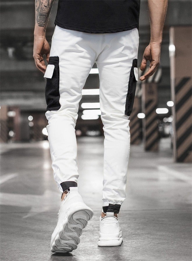 Loquat Men's Casual Sports Woven Pocket Patchwork Leggings Casual Pants White  - Image 2