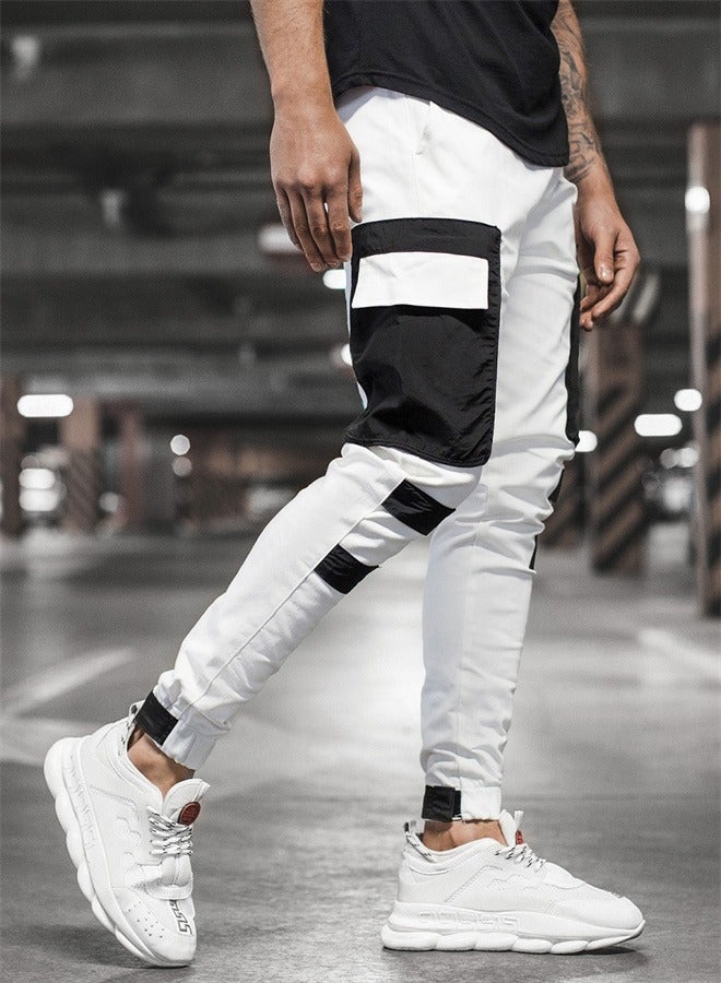 Loquat Men's Casual Sports Woven Pocket Patchwork Leggings Casual Pants White  - Image 3