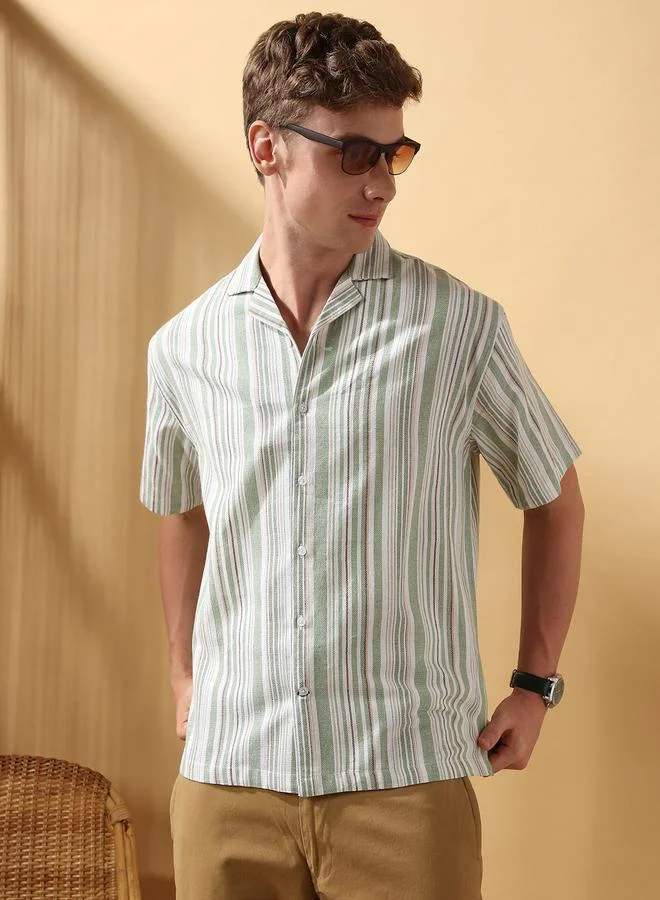 Men'S Green 100% Cotton Striped Button Down Relaxed Shirt