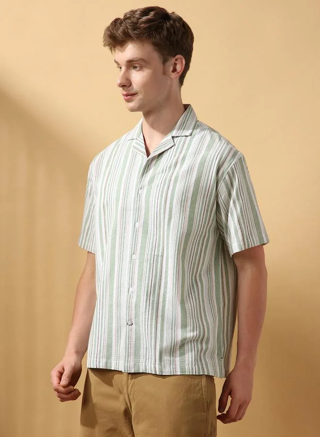 Dennis Lingo Green Men'S Green 100% Cotton Striped Button Down Relaxed Shirt for Men | Best Price UAE