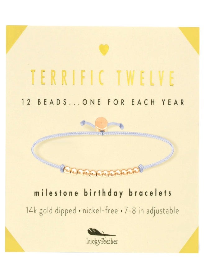 Lucky Feather Gold Lucky Feather 12 Year Old Girl Gifts | 12th Birthday Bracelet 14K Gold, Silver, Rose Gold Dipped Beads on Adjustable Cord | Gifts for 12 year old girl | 12th Birthday Card For Girls | Trendy Gift - Image 1