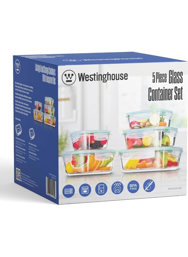 Westinghouse USA 5-Piece Glass Food Storage Set | Rectangle (370ml, 640ml, 1050ml) + Square (320ml, 800ml) | Transparent Lids | Microwave Safe - Image 2