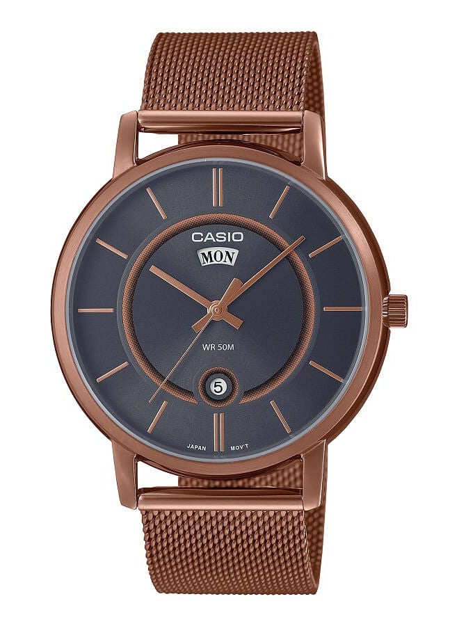 CASIO Men Watch Analog Grey Dial Stainless Steel Mesh Rose Gold Ion Plated Band And Case MTP-B120MR-8AVDF - Image 1