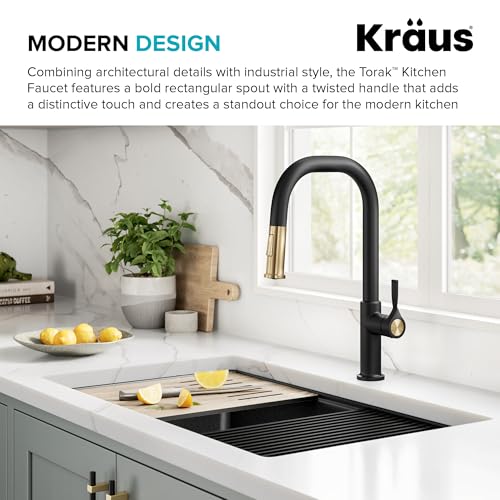 KRAUS Torak Pull Down Kitchen Faucet in SpotFree Brushed BrassMatte Black with 2 Function Sprayer PreAttached Water Lines and Mounting Hardware KPF2841SFBBMB - Image 3