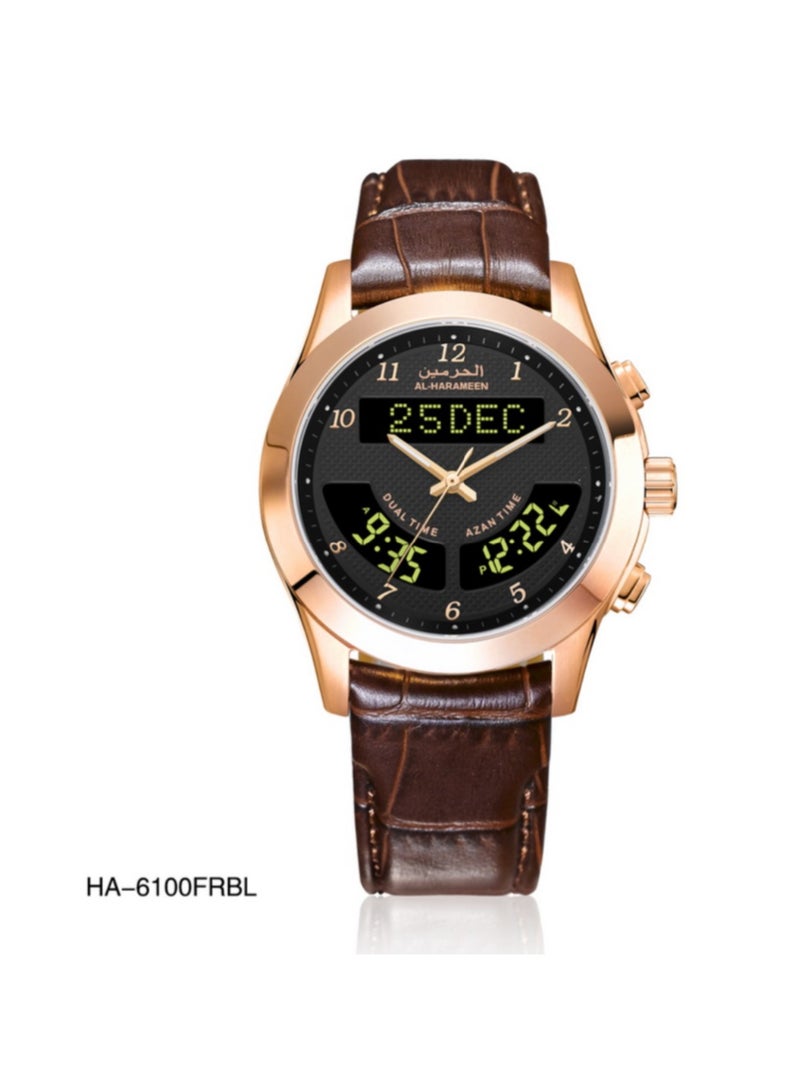 الحرمين ساعة الحرمين HA-6100FRBL الإسلامية مع أذان ثنائي التوقيت - هيكل من الذهب الوردي مع مينا زرقاء وحزام جلدي أسود